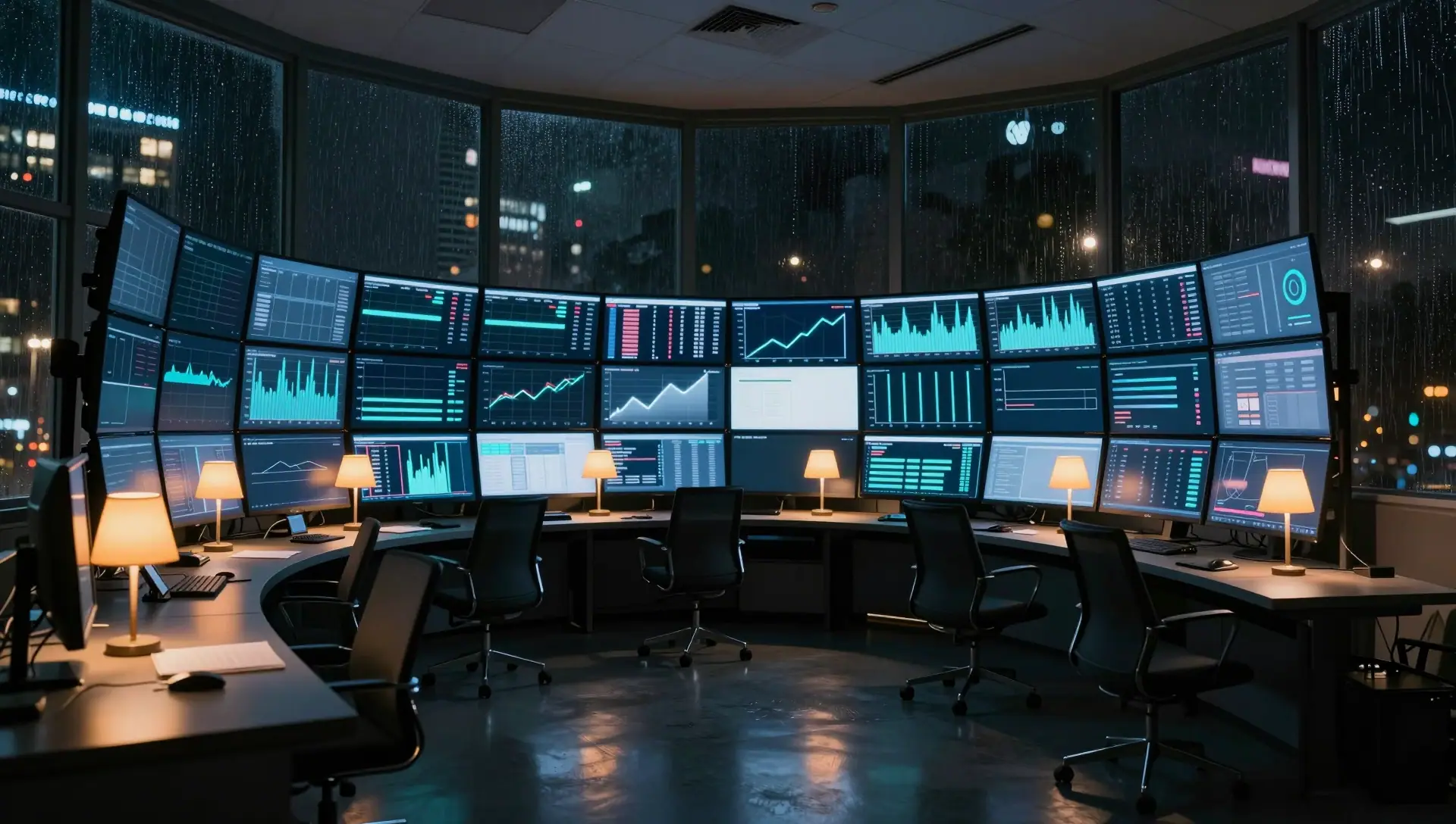 An operations room at night