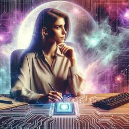 Dall·e 2023 11 26 14.42.37 Create A Landscape Oriented Image In A Cyberpunk Style Featuring A Young Woman Sitting Sideways At A Desk In A Professional And Modest Attire. The Wo 1