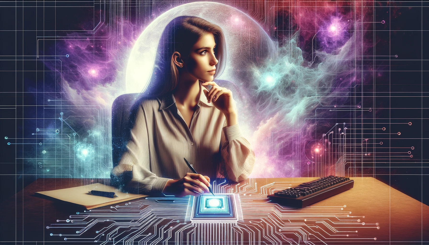 Dall·e 2023 11 26 14.42.37 Create A Landscape Oriented Image In A Cyberpunk Style Featuring A Young Woman Sitting Sideways At A Desk In A Professional And Modest Attire. The Wo 1